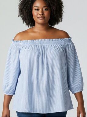 Tommy Hilfiger women’s plus size 3X smocked peasant blouse navy stripe $90 new